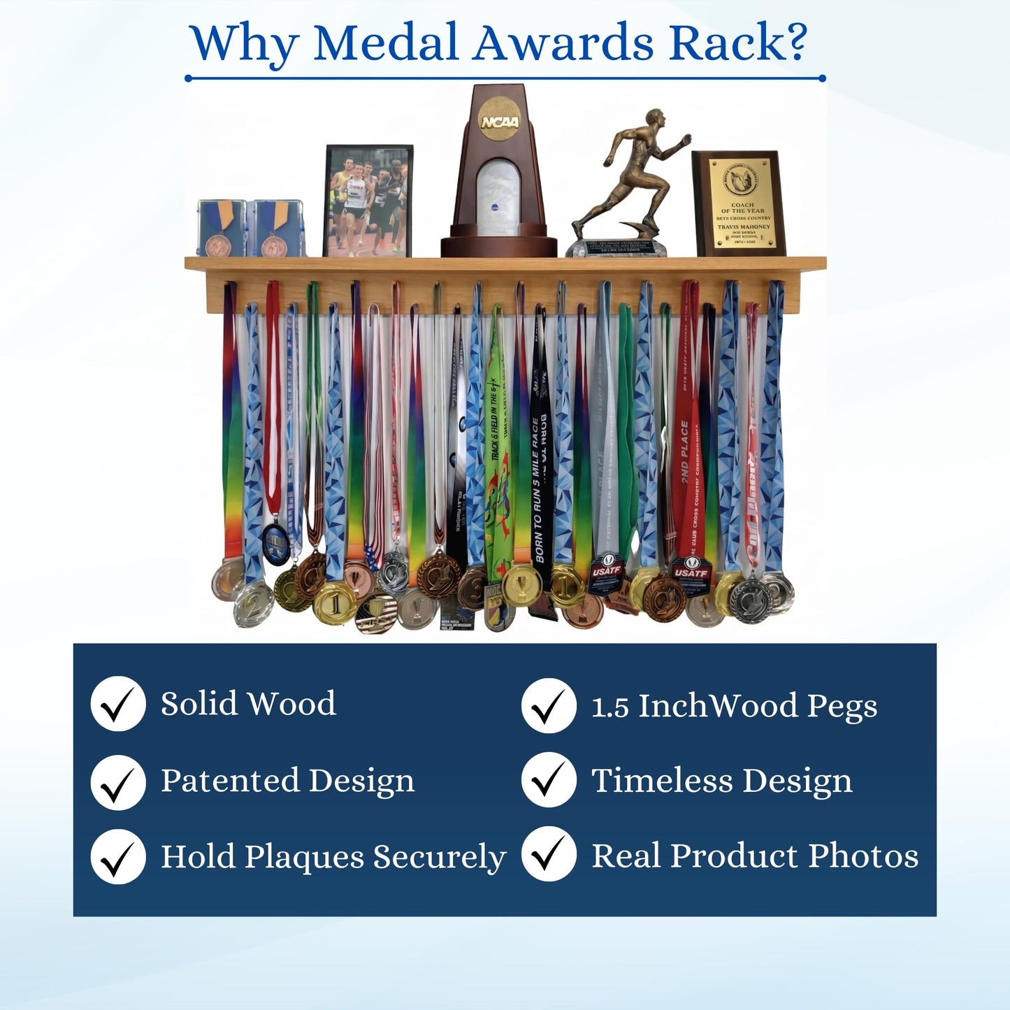 MedalAwardsRack 3ft- Ultimate Medal Hanger Display and Trophy Shelf - Multi-Sport Trophy and Medal Holder for Medal Display, Plaques, Pictures, Trophies and more. Solid Wood - Large 36" - Walnut