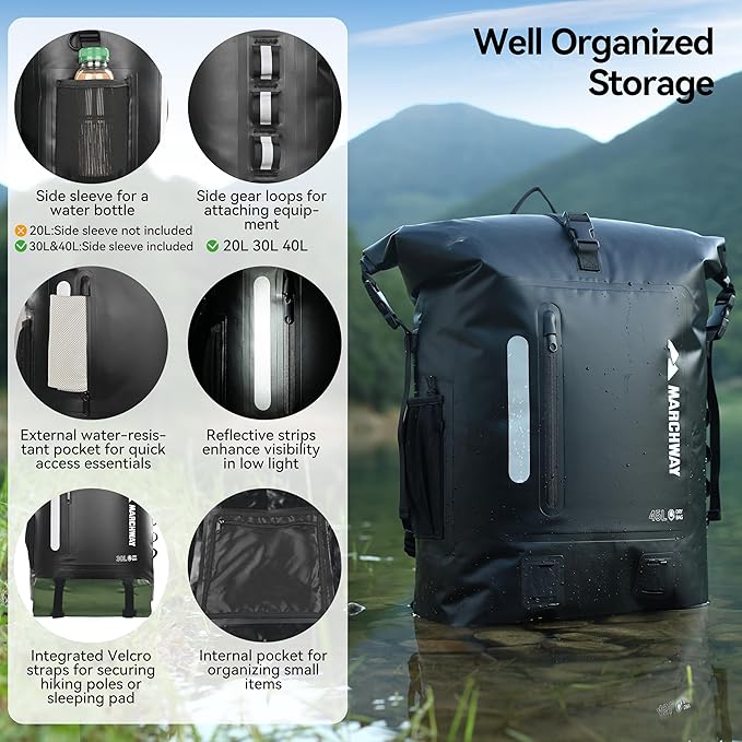 MARCHWAY Roll Top Waterproof Backpack, Floating Dry Bag 20L/30L/45L with Ergonomic Rectangular Base, Cushioned Back, Hip Strap for Hiking Camping Kayaking Travel (Black, 30L)
