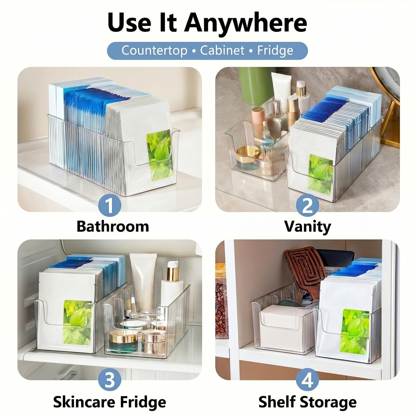 Imakmasion Skin Care Organizer & Face Mask Organizer, 4-Compartment Clear Plastic Sheet Mask Holder & Makeup Palette Storage, Vanity Bin for Bathroom, Cosmetic Organizer for Skincare & Eyeshadow