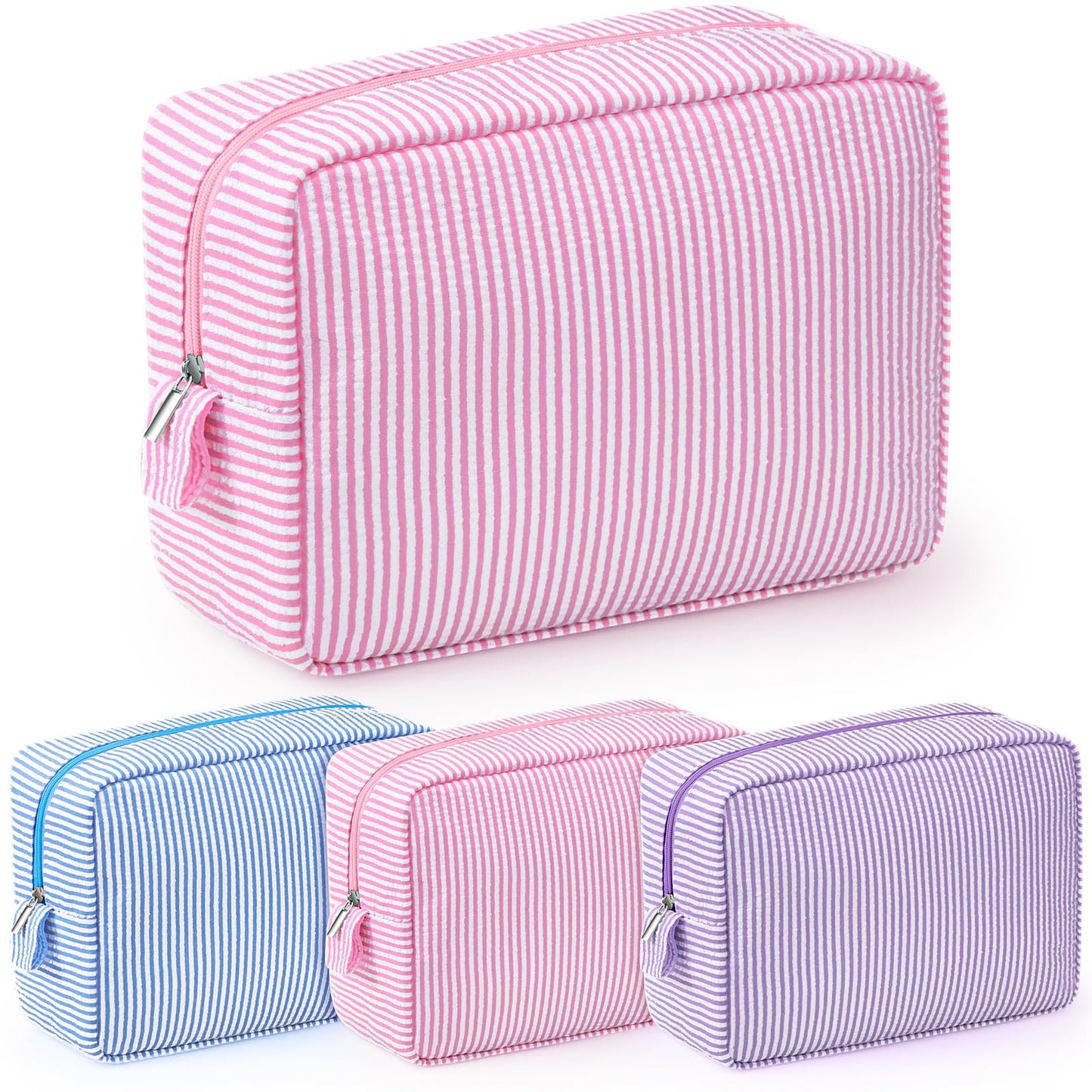 Sanwuta 3 Pcs Seersucker Makeup Bags Seersucker Cosmetic Bags Striped Women Large Travel Toiletry Organizer Preppy Storage Pouch for Embroidery Wedding Bridesmaid Gifts(Pink, Light Blue, Purple)