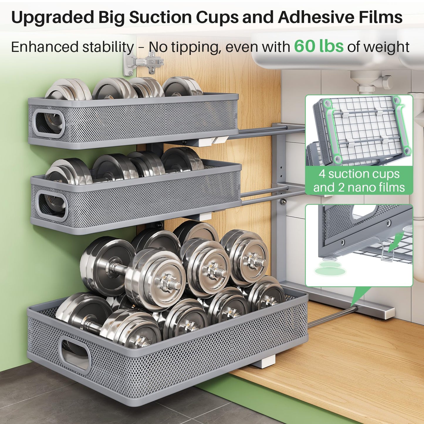 Kitstorack Under Sink Organizer, 2-Pack 3-Tier Height Adjustable Thickened Metal Pull out Cabinet Organizer Shelf, Slide out Storage Drawer Rack for Bathroom Kitchen Pantry Home Organization, Grey