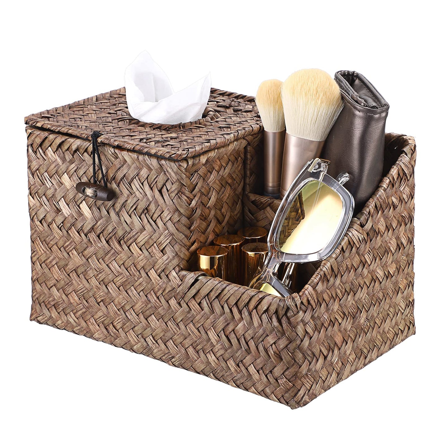 Sumnacon Square Woven Tissue Box Cover - Decorative Cube Tissue Box Holder with Side Organizer, Rustic Seagrass Tissue Box for Living Room Vanity Night Stand Table Countertop Office,Coffee