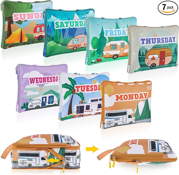 Paterr 7 Pcs Days of Week Packing Cubes Compression Packing Cubes for Kids Winter Camp Travel Daily Outfit Suitcase Organizers Zippered Storage Bag for Cruise Vacation Essentials(Camping)