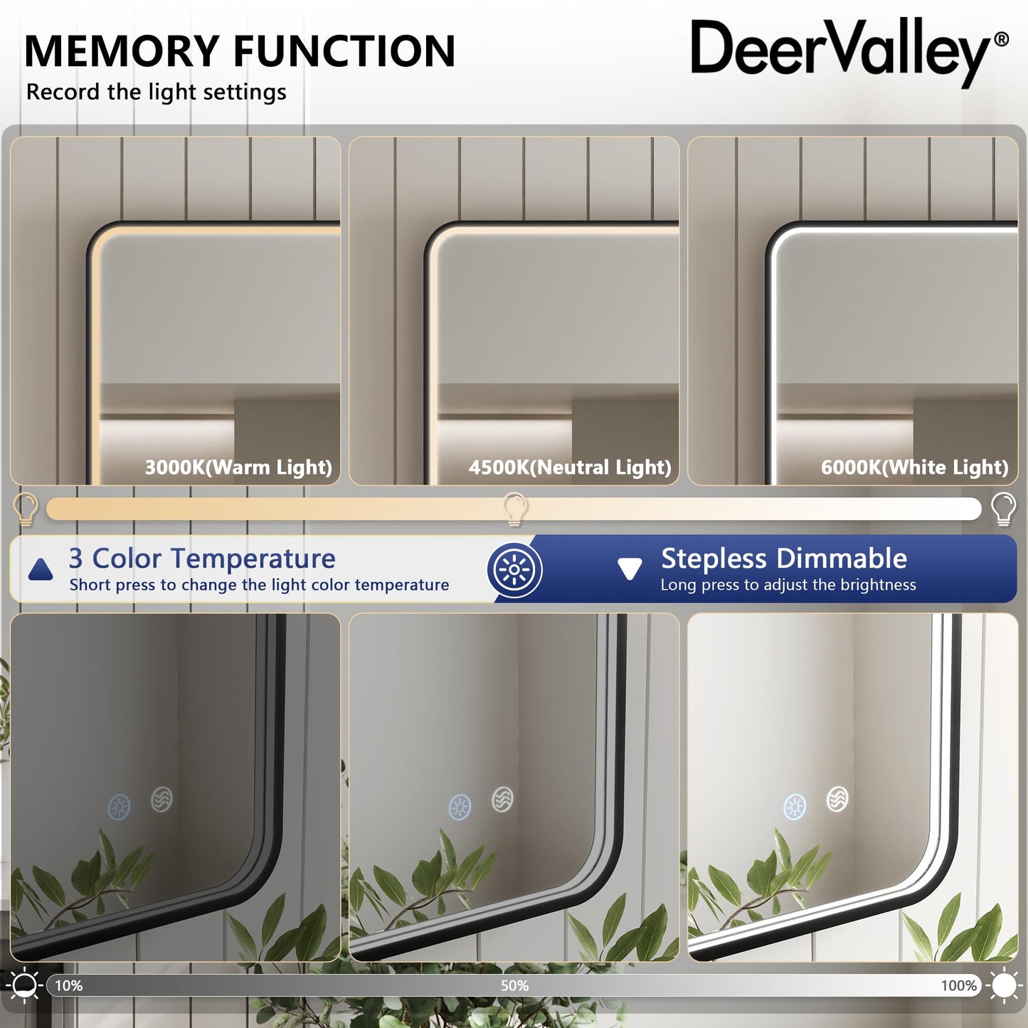 DeerValley 24"x 36" LED Bathroom Vanity Mirror, Wall Mounted Lighted Mirrors with Black Metal Frame, Anti-Fog, Memory Funtion, Stepless Dimmable Wall-Mounted Led Mirror for Bathroom