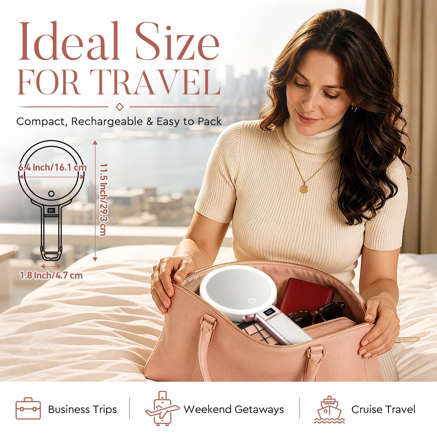 MIYADIVA Travel Makeup Mirror with Lights, Height Adjustable 30X/1X Double-Sided Magnifying Mirror, Portable Foldable Vanity Mirror with Digital Display & Phone Holder, Handheld Tabletop Hanging