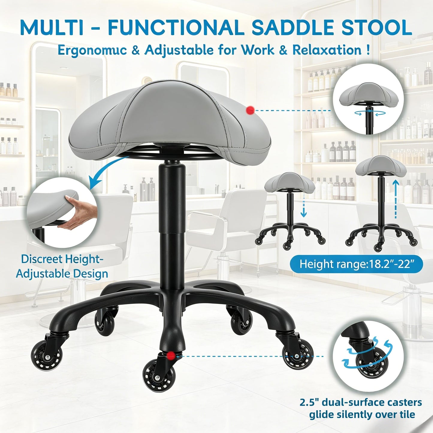 Coczeb Saddle Salon Rolling Stool with Wheels,Heavy Duty Adjustable Hydraulic Chair for Barber Tattoo Nail Spa Home Dentist(Gray)