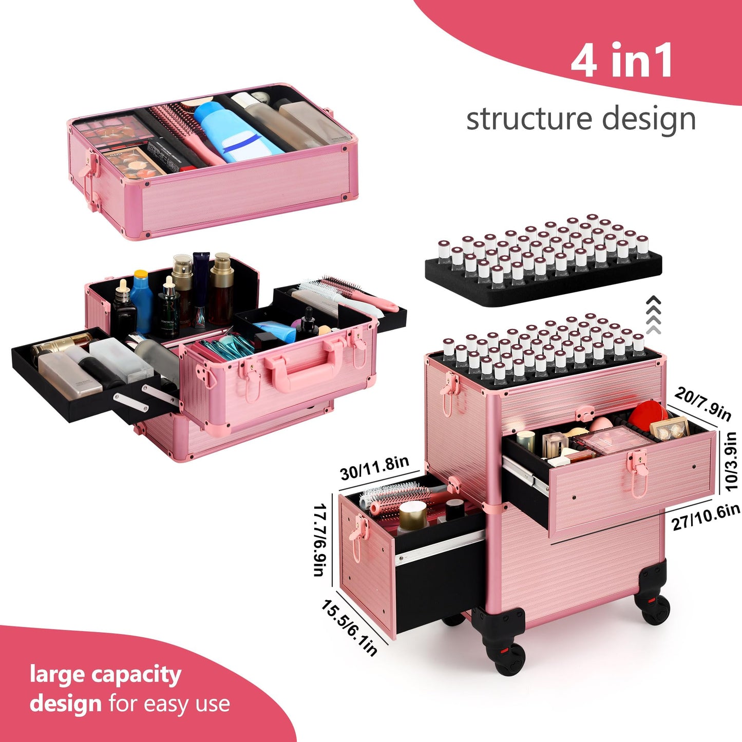 Somduy Rolling Makeup Case with Drawer, Makeup Train Case, 4 in 1Cosmetology Case on Wheels, Christmas Gift, Large Makeup Case Organizers, Profesional Cosmetic Case for Salon Barber, Light pink