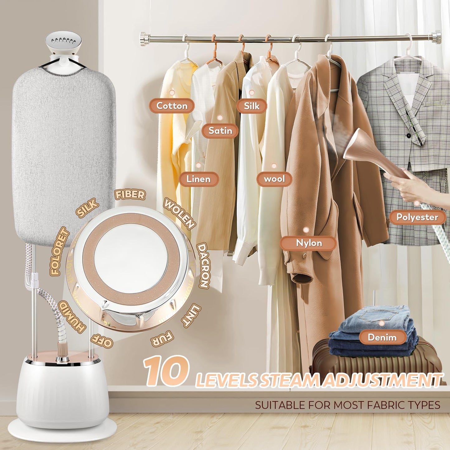 Hapyvergo 1800W Garment Steamer for Clothes, Professional Standing Steam Iron with 1.6L Tank for 60 Min Continuous Steam, Heat-Up in 25s, 10 Settings, 2-in-1 Ironing for Home, Travel & Commercial Use