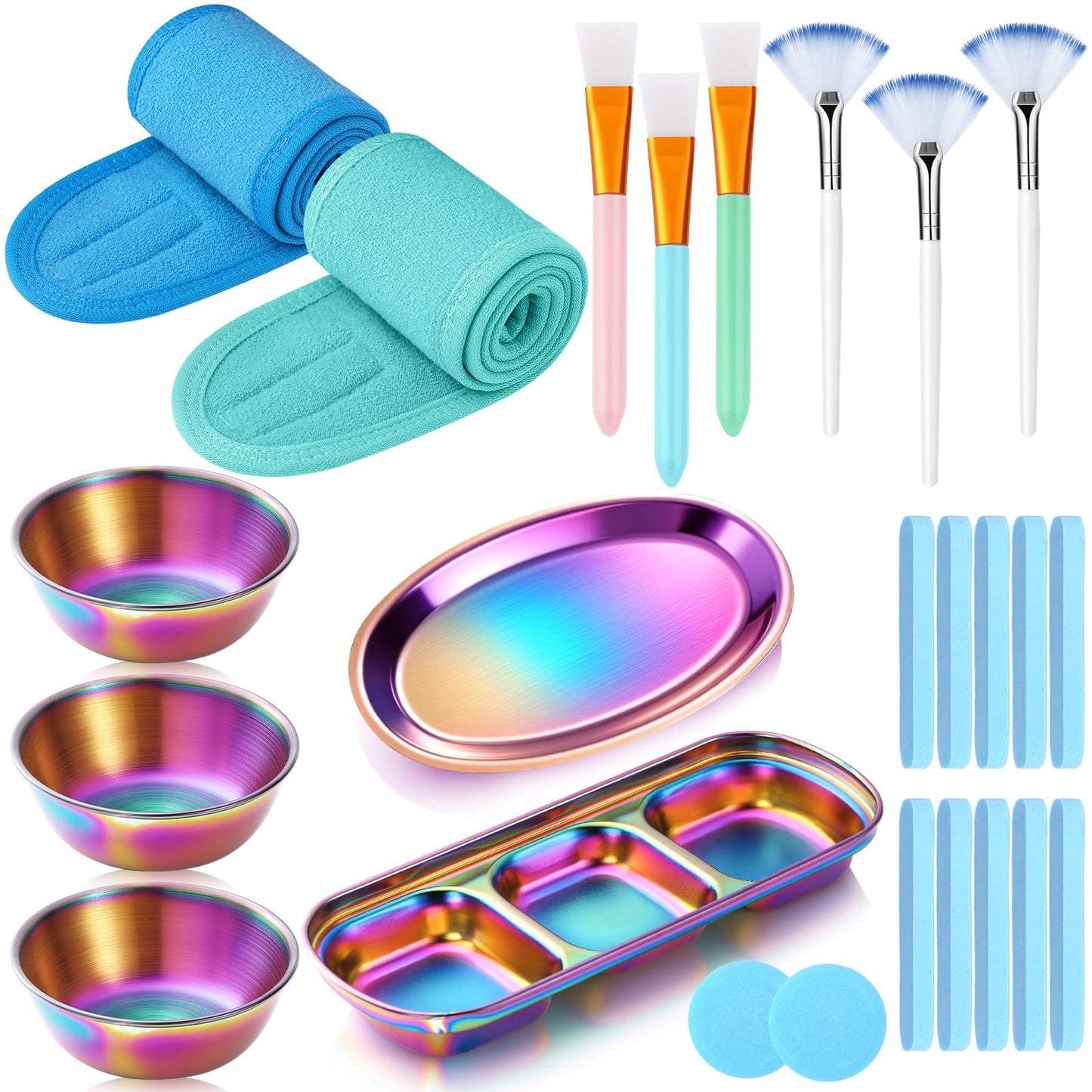LemonRoad 25 Pcs Esthetician Facial Supplies Set, 3 Stainless Steel Mixing Bowls, 2 Serving Trays, 6 Brushes, 2 Hairbands, 12 Compressed Sponges for Women Facial Mask Spa Home Use(Laser Color)