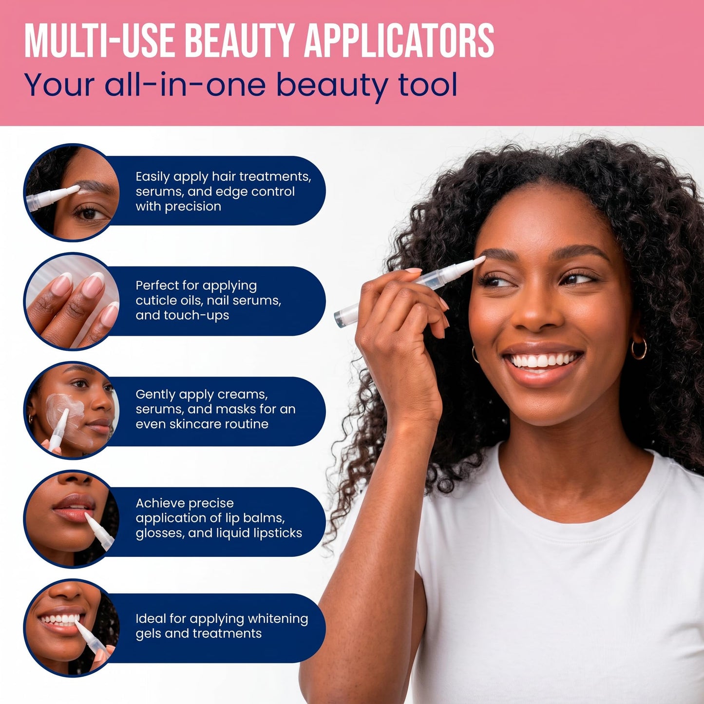 Refillable Beauty Applicator Pens (5 Pack) — BAUW Beauty DIY Precision Kit with 5 Different Tips (Fine Brush, Wide Brush, Flocking, Exfoliation, Silicone) for Hair, Scalp, Face, Lips & Cuticles