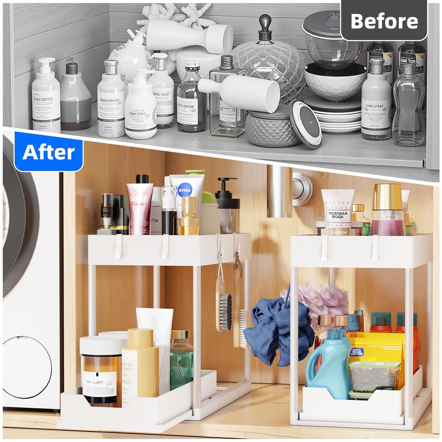 Simple Trending Under Sink Organizer 2 Pack, Sink Pull-Out Sliding Storage Cabinet, 2-Tier Under Shelf Organizer for Kitchen Bathroom, White