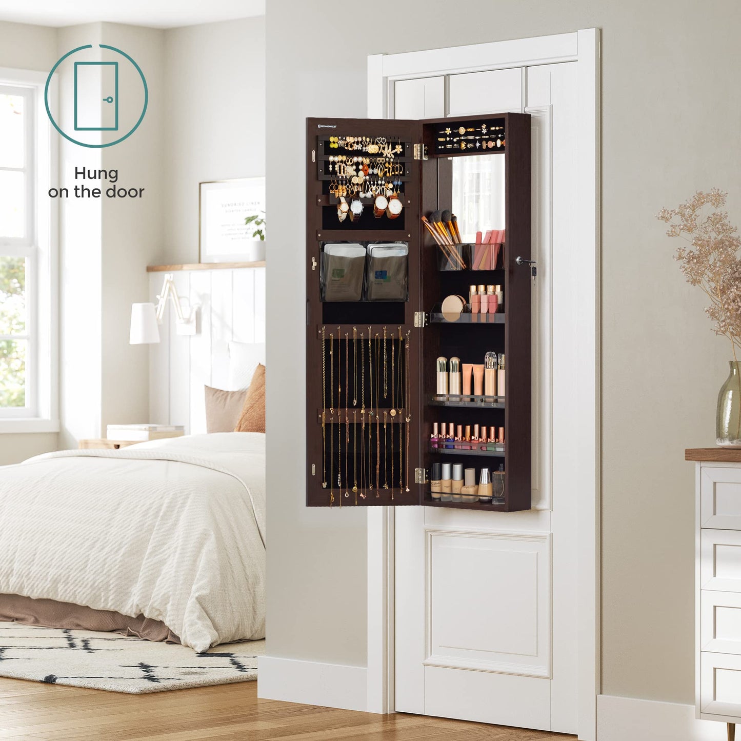 SONGMICS Jewelry Cabinet Armoire, Wall or Door Mount Storage Organizer with Full-Length Frameless Mirror, Lockable Cabinet with Built-in Small Mirror, Shelves, Gift Idea, Brown UJJC003K01