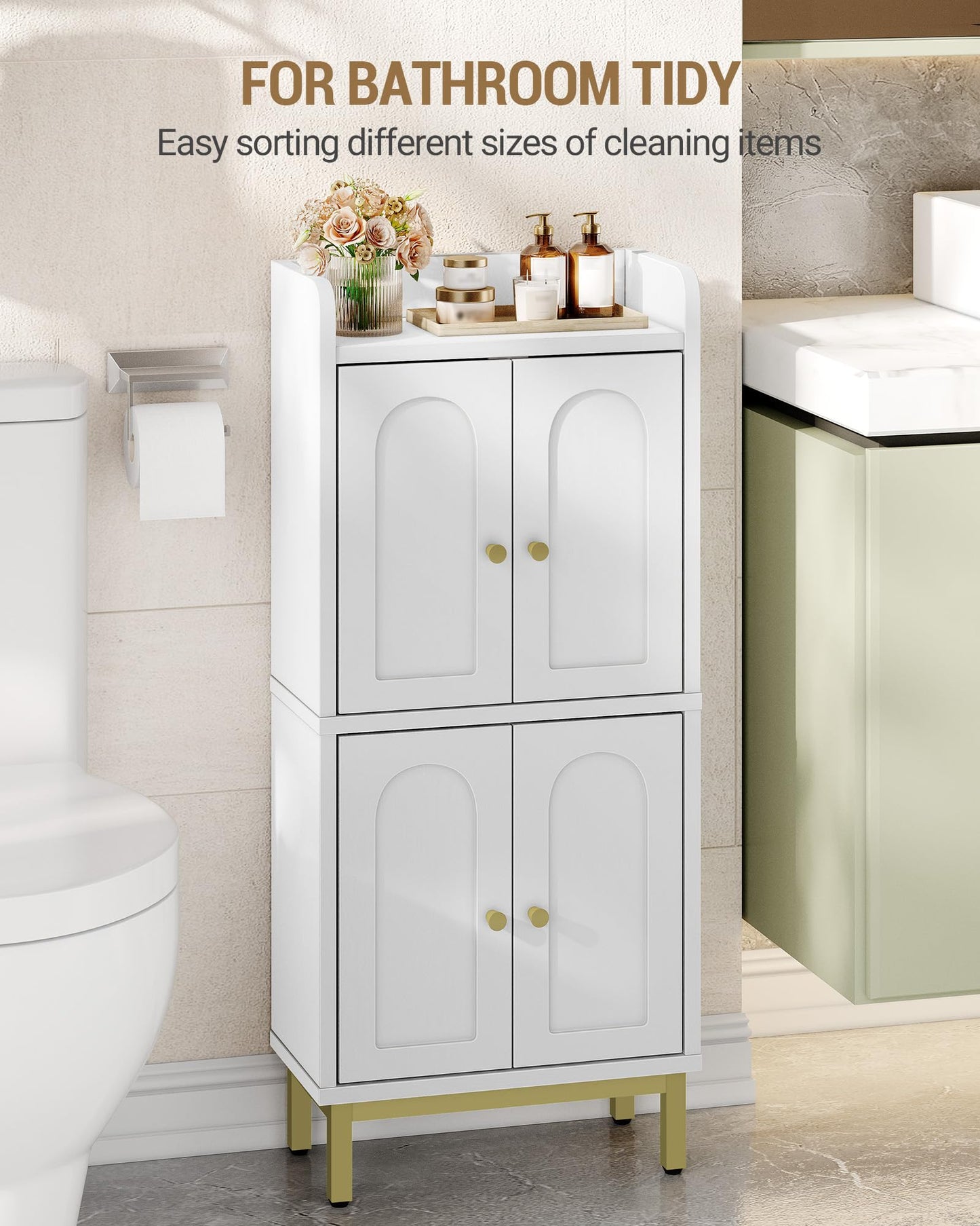 Hzuaneri Bathroom Cabinet, Small Storage Cabinet with 4 Doors, Bathroom Organizers and Storage Cabinets with Adjustable Feet. Cabinets Freestanding for Living Room, Kitchen, 7.1"D x 14.6"W x 32.7"H