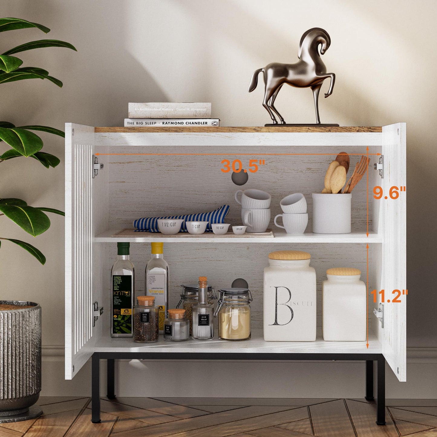 BVIUNTWO 31.5" Farmhouse Buffet Cabinet with Metal Base, Adjustable Shelf & 2 Doors, Antique White Storage Sideboard for Kitchen, Dining & Living Room