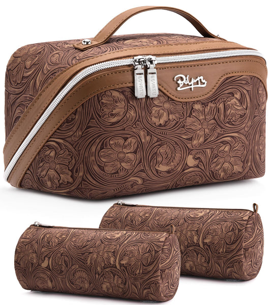 BOYATU Travel Makeup Bags Cosmetic Organizer Bag: 3 Pcs Set Large Capacity Floral Make up Bag with Compartments - Waterproof Leather Toiletry Bags with Handle for Women (19-Brown)