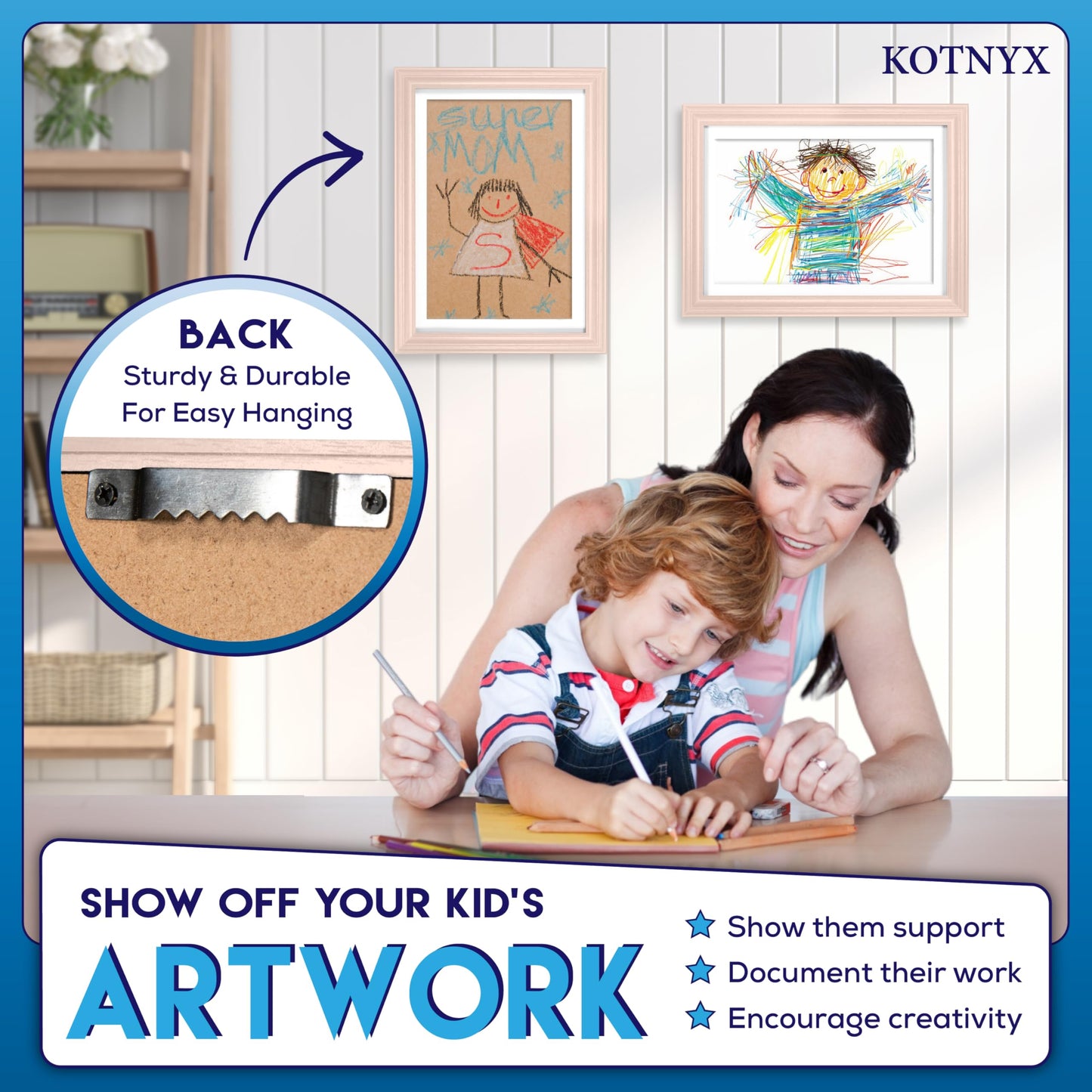 KOTNYX LED Light Kids Artwork Frame - Front Opening Kids Art Display Picture Frame, Holds 100 Pictures, MDF & Shatter-Resistant Glass, Standing Frame/Wall Hanging,13.3x10, Mat 11.6x8.3 - Peach
