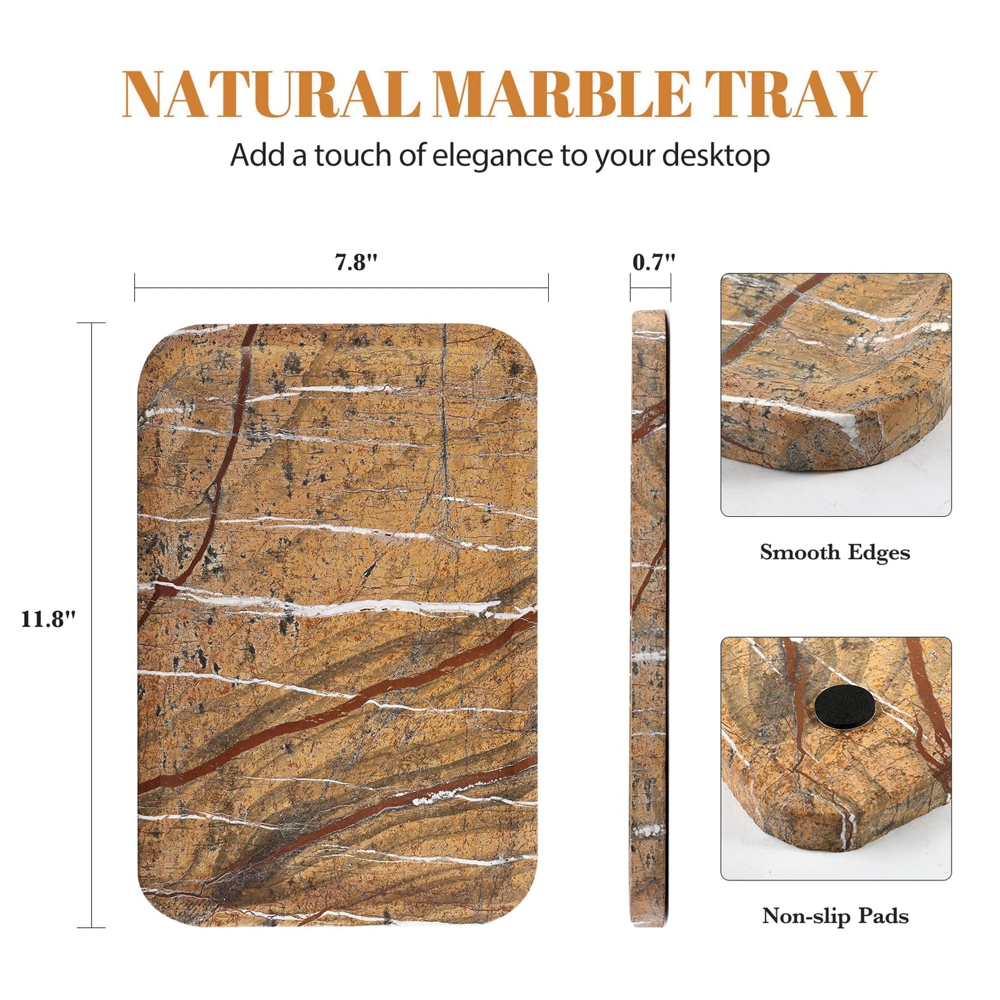Koville Marble Tray, 12"x8" Natural Marble Vanity Tray for Countertop Bathroom Kitchen Dresser, Decorative Catchall Trays for Perfume Jewelry, Rectangular Stone Serving Tray(Rainforest Gold)