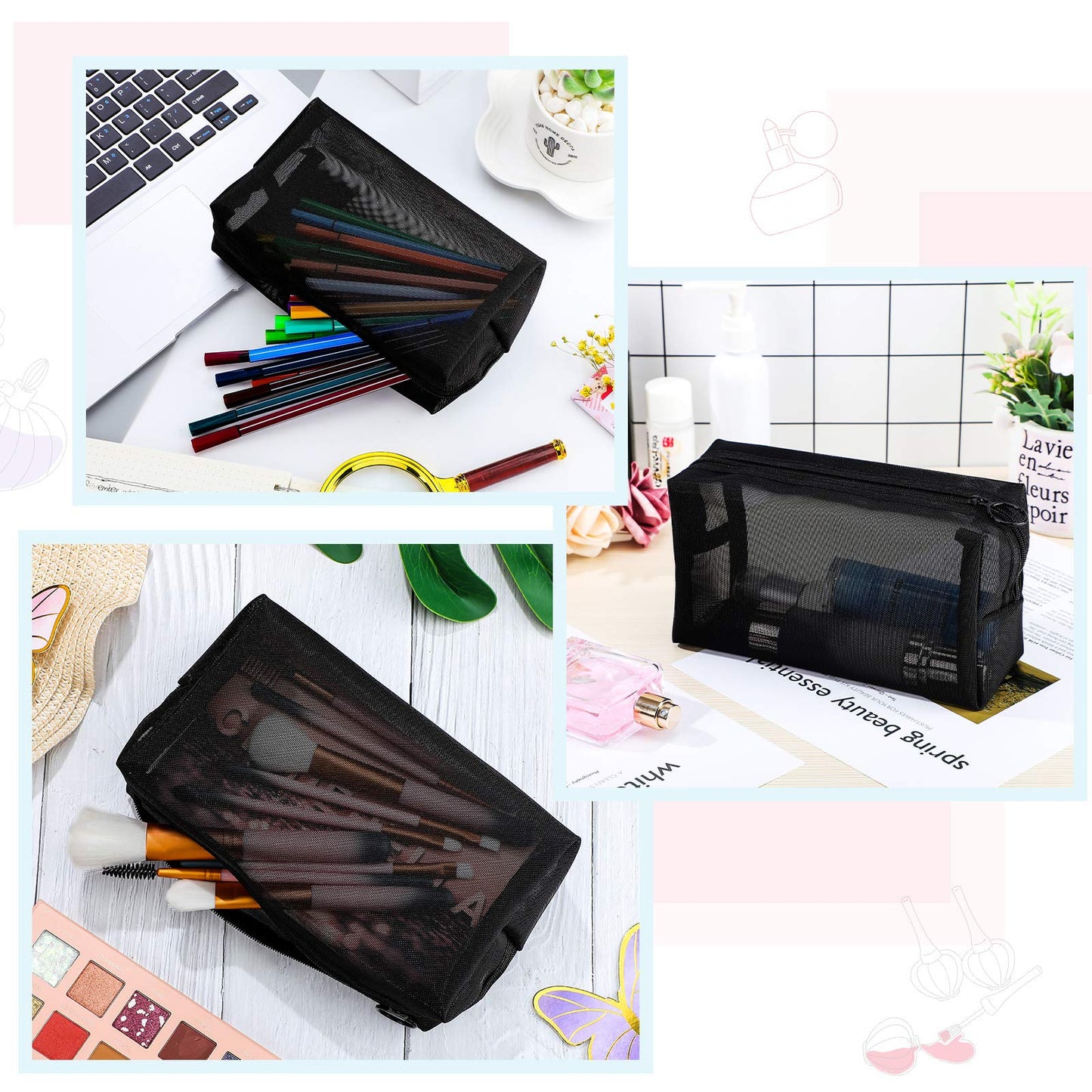 Frienda 10 Pieces Mesh Makeup Bag Portable Mesh Cosmetic Bag Black Zipper Pouch Breathable Travel Toiletry Bag for Home Offices Travel Accessories Organizer