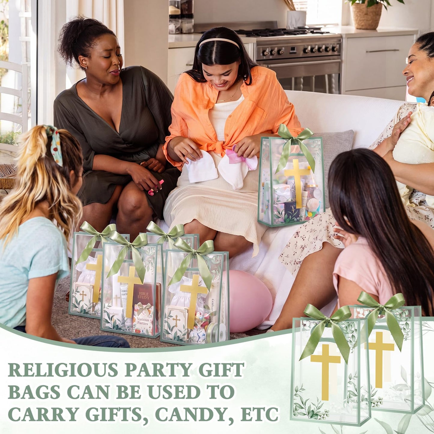 Gilprop 20 Pcs Religious Baptism Party Favor Bags Clear Gift Bags with Handles Ribbon for First Communion, Gold Cross Religious Christening Church Christian Baptism Supplies, 10 x 7 Inch (Green)