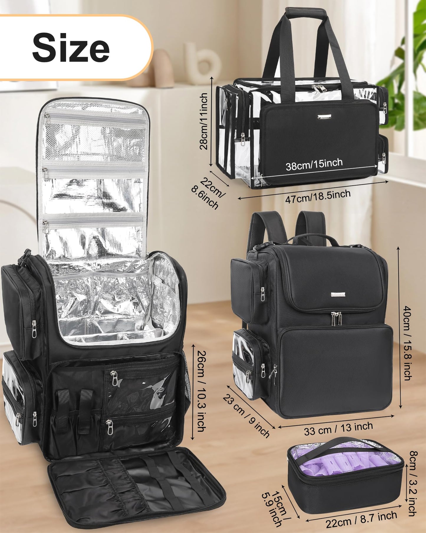 Relavel Hair Tools Travel Bag with Clear Makeup Bag, Hair Stylist BarberBag on Wheels Hairdresser Cosmetology Bag Case with Four 360 Degree Spinner Wheels, Heat Insulation Full Layer for Curling Iron