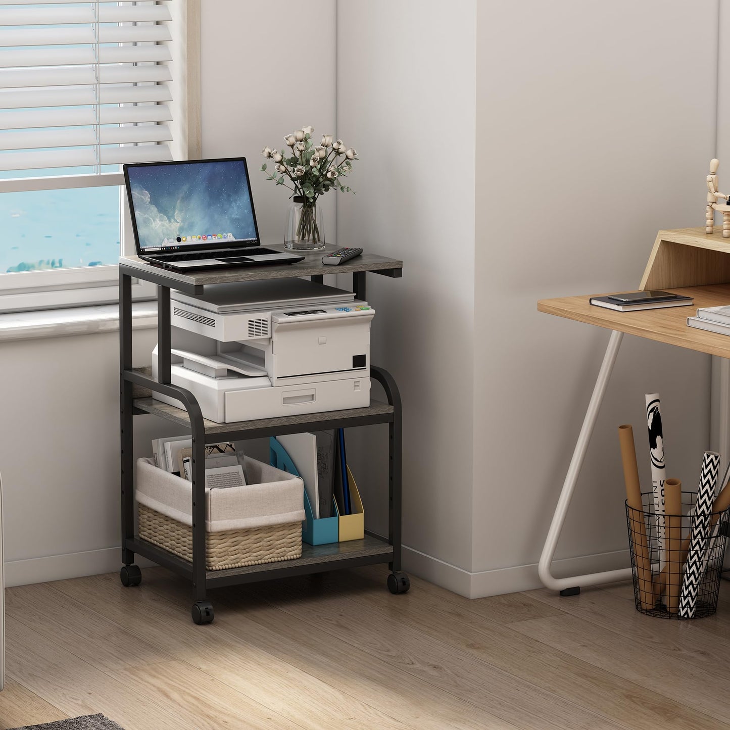 Fannova Printer Stand with Height Adjustable Storage Shelf, 3 Tier Mobile Printer Table with Wheels, Rolling Printer Cart for Home Office Organization, Gray
