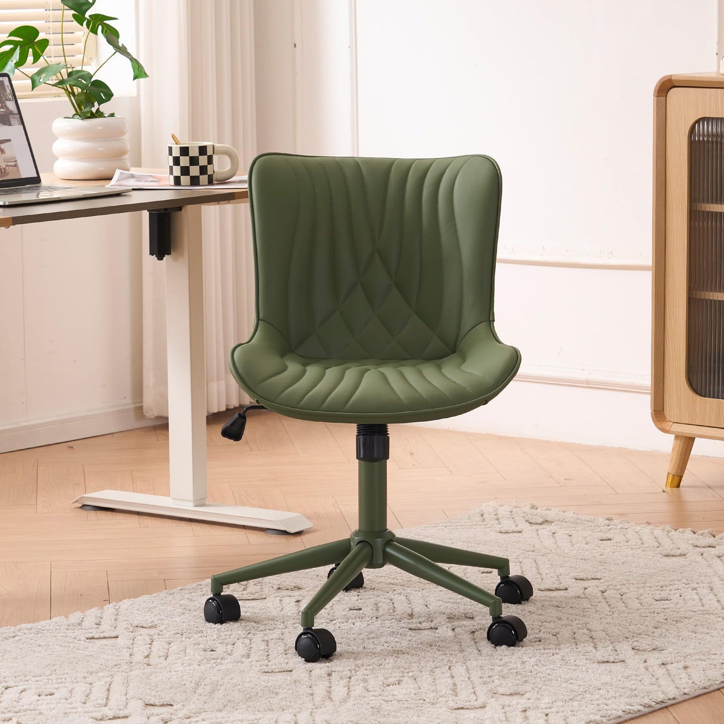 YOUTASTE Green Armless Office Chair, Modern Adjustable Swivel Desk Chair with Wheels, Upholstered PU Leather, Green Metal Legs, Back Support for Home Office, Study, Vanity, Bedroom