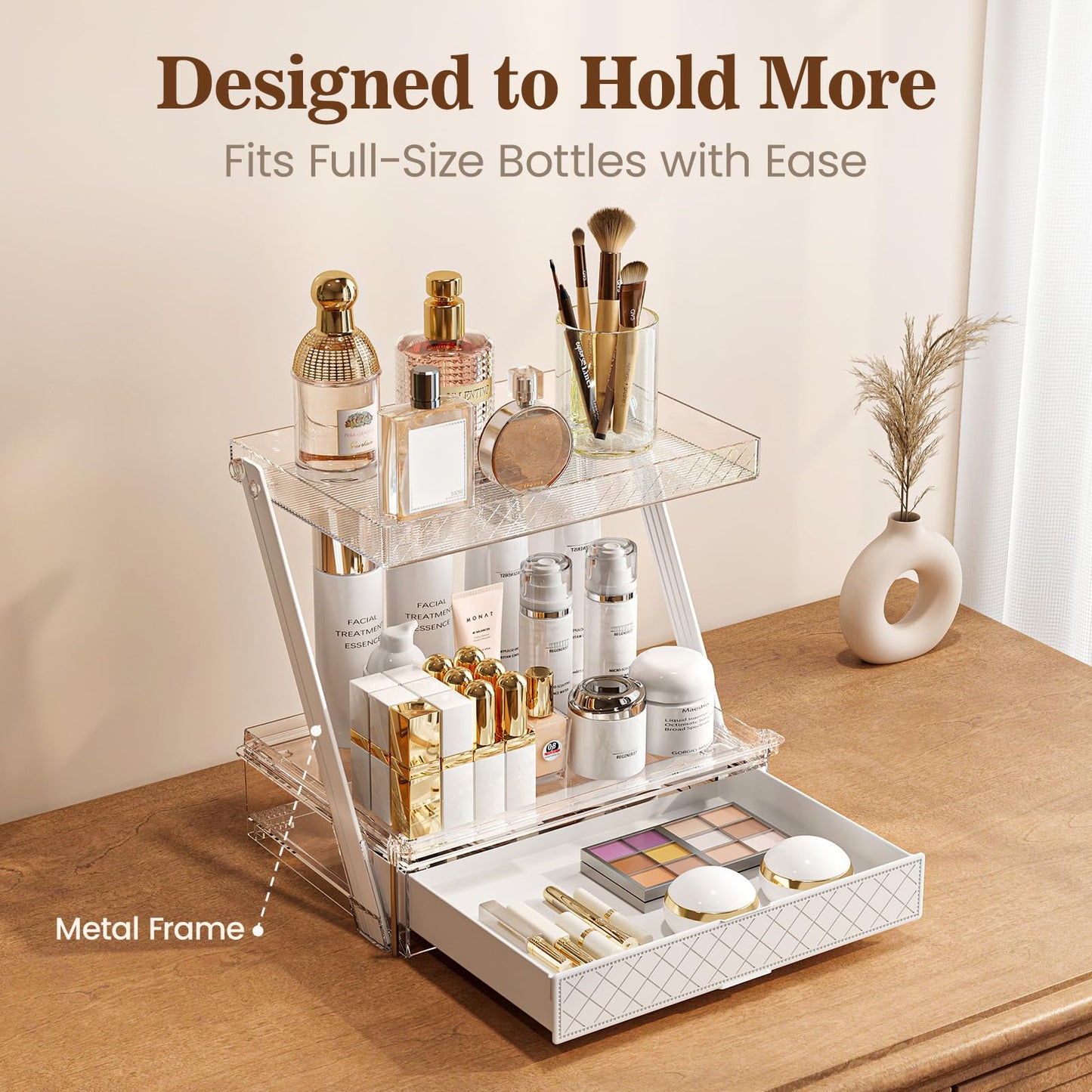 3-Tier Bathroom Countertop Makeup Organizer - Big Make Up Storage with Slide-Out Tray & Bottom Drawer, Transparent Acrylic for Cosmetics Brushes Lipsticks Skincare