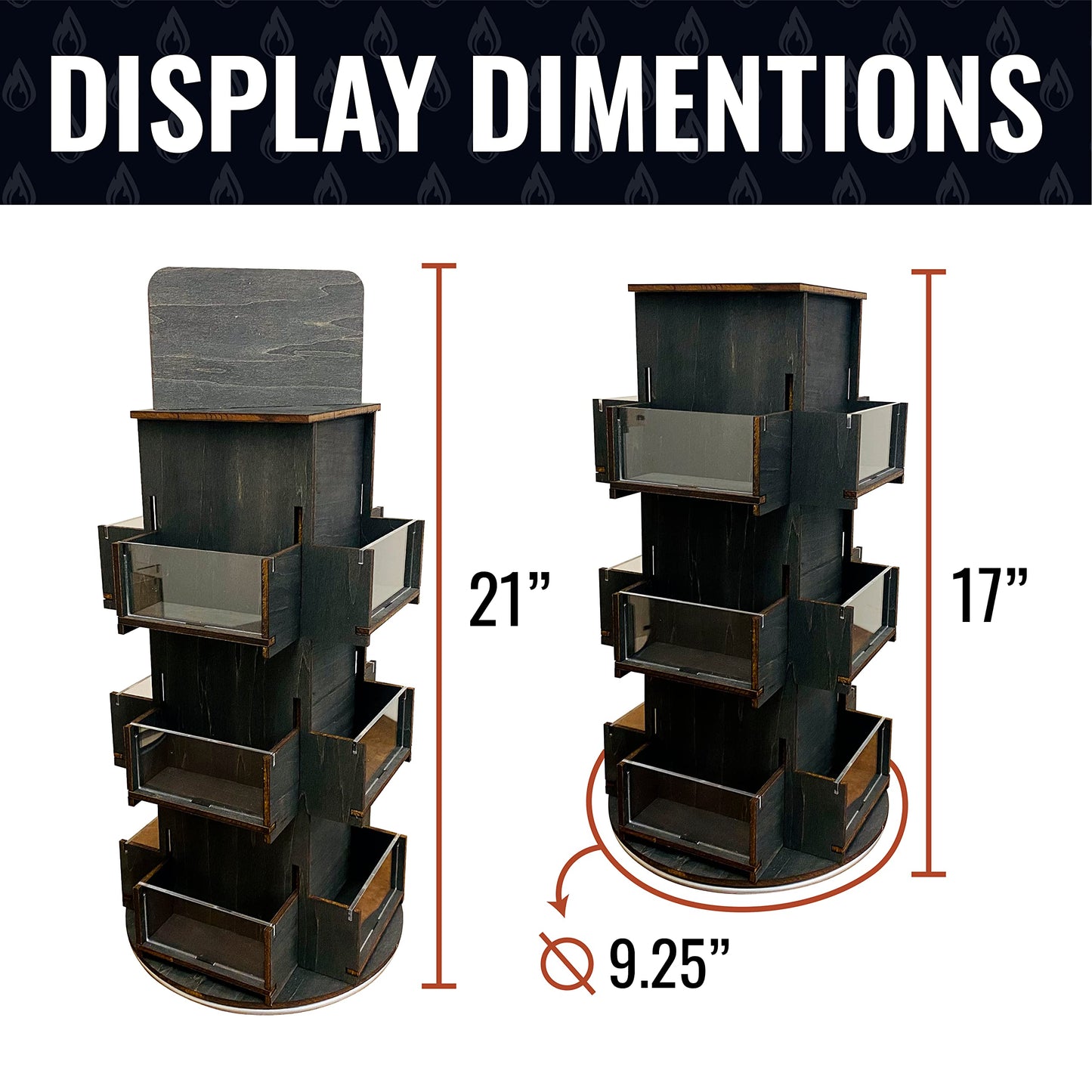 Rotating Display Stand, 3 Tier Wooden Organizer, 4-Sided Display Rack, 360 degree Spinning Multi-Pocket Tabletop Display Stand for Coasters, Stickers, Retail, Showcase, Tradeshow, 17”H, Ebony Color