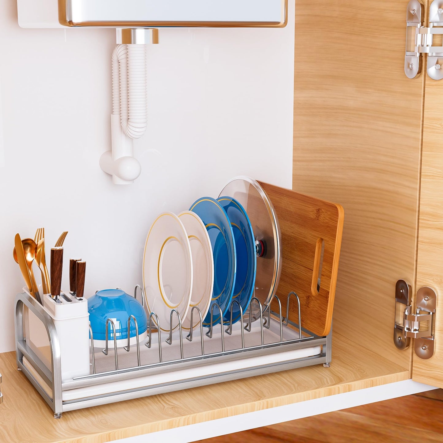 YEYPOP Dish Drying Rack for Small Kitchen Counter, 304 Stainless Steel Small Dish Rack w Utensil Holder & Tray for Limited Space, Rustproof Narrow Dish Rack for Pot & Pan, Plate, Lid (Silvery)