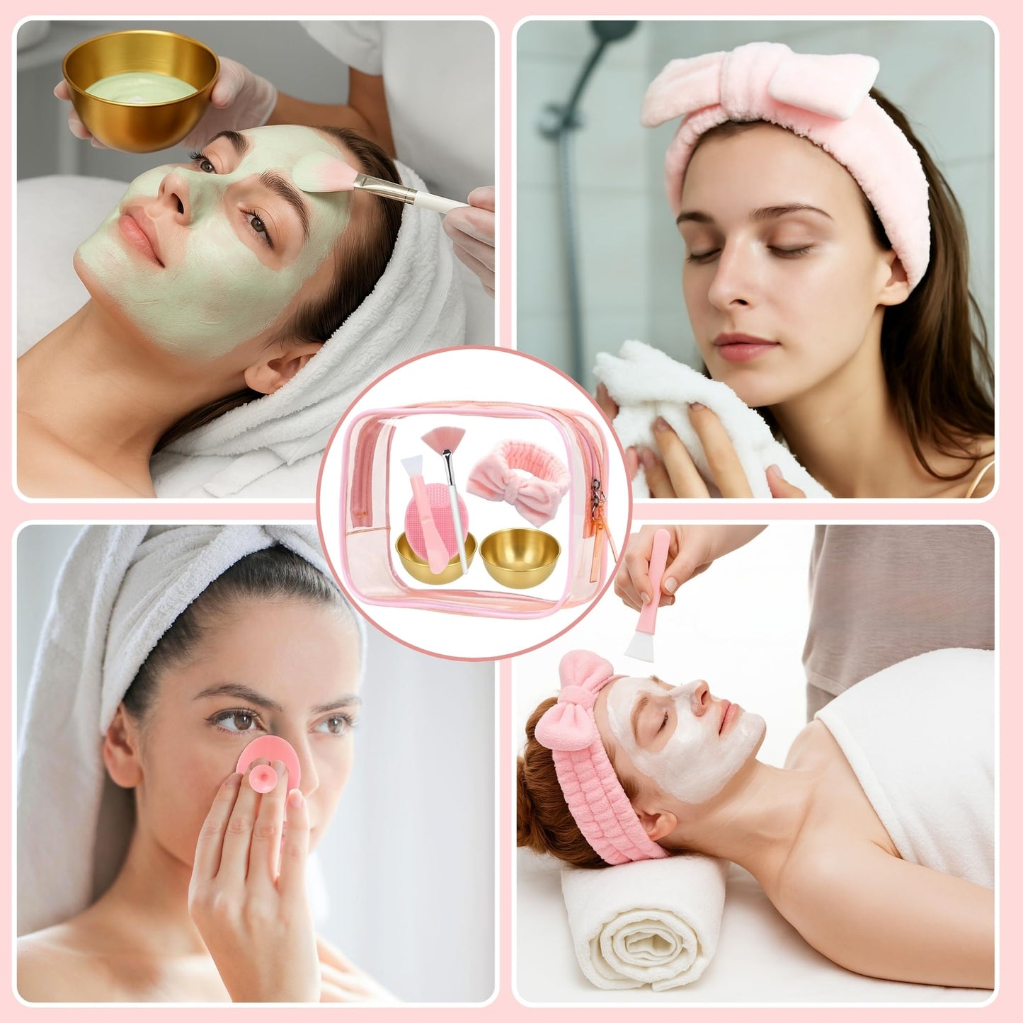 7 Pcs Esthetician Supplies Set for Facials - 2 Gold Facial Bowls, 1 Facial Fan Brushes, 1 Flat Brush, 1 Pink Facial Headbands, 1 Silicone Facial Cleansing Brush, Clear Cosmetic Bag