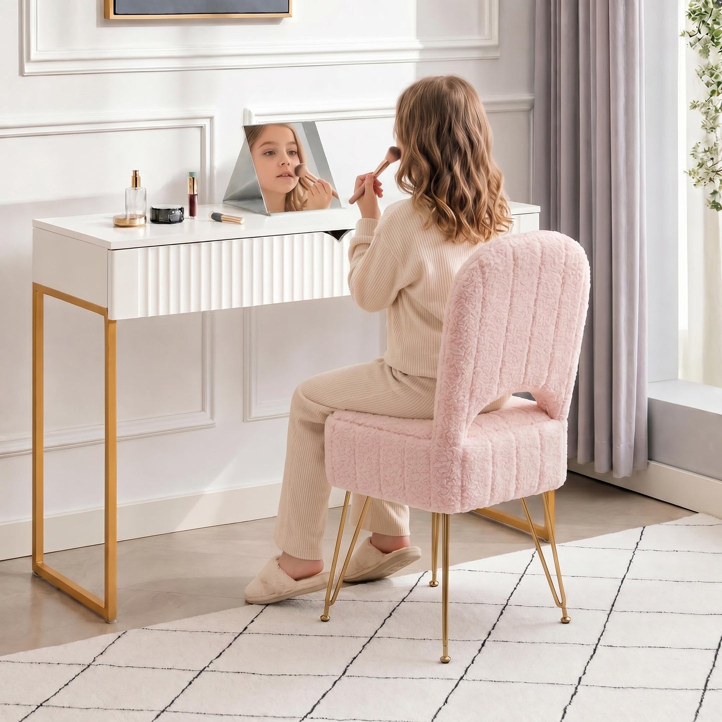 Garvee Vanity Stool Chair with Backrest, Square Ottoman with Hidden Storage Compartment, Soft Teddy Fabric, 280 Lbs Weight Capacity, Modern Style for Bedroom Living Room,Pink,Small