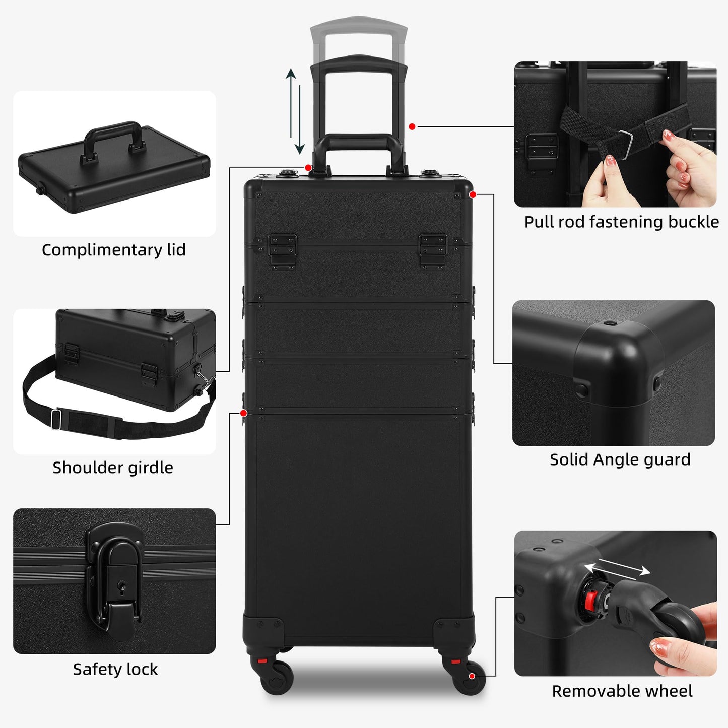 Somduy Rolling Makeup Case, Makeup Train Case with Lid, 5 in 1 Cosmetology Case on Wheels, Christmas Gift, Large Makeup Organizers, Profesional Cosmetic Case for Salon Barber, Black