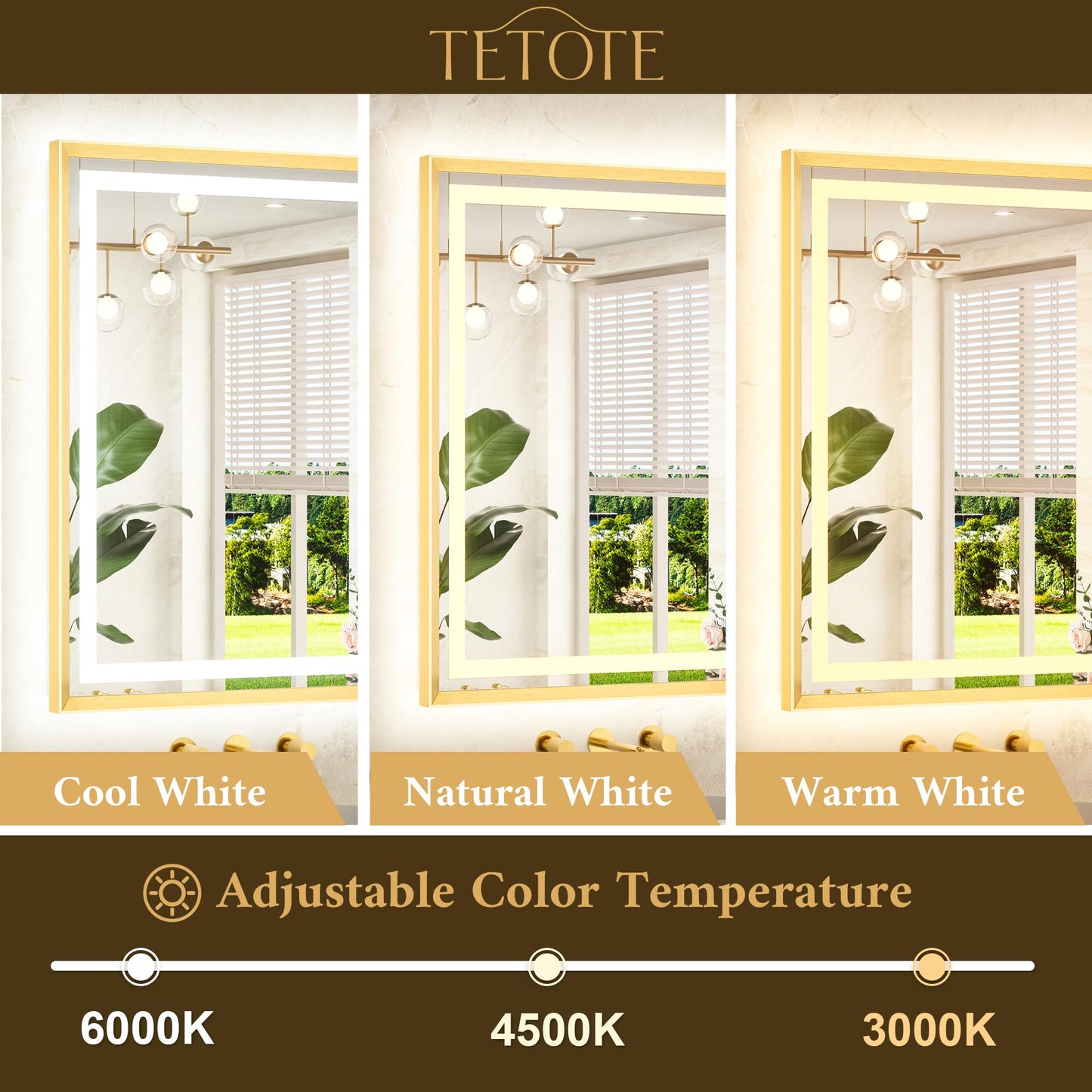 TETOTE 24 x 32 Bathroom LED Mirror Brushed Gold Metal Frame Frontlit & Backlit Vanity Mirror Anti-Fog Stepless Dimmable 3 Colors White/Warm/Natural Mirror with Lights Wall-Mounted
