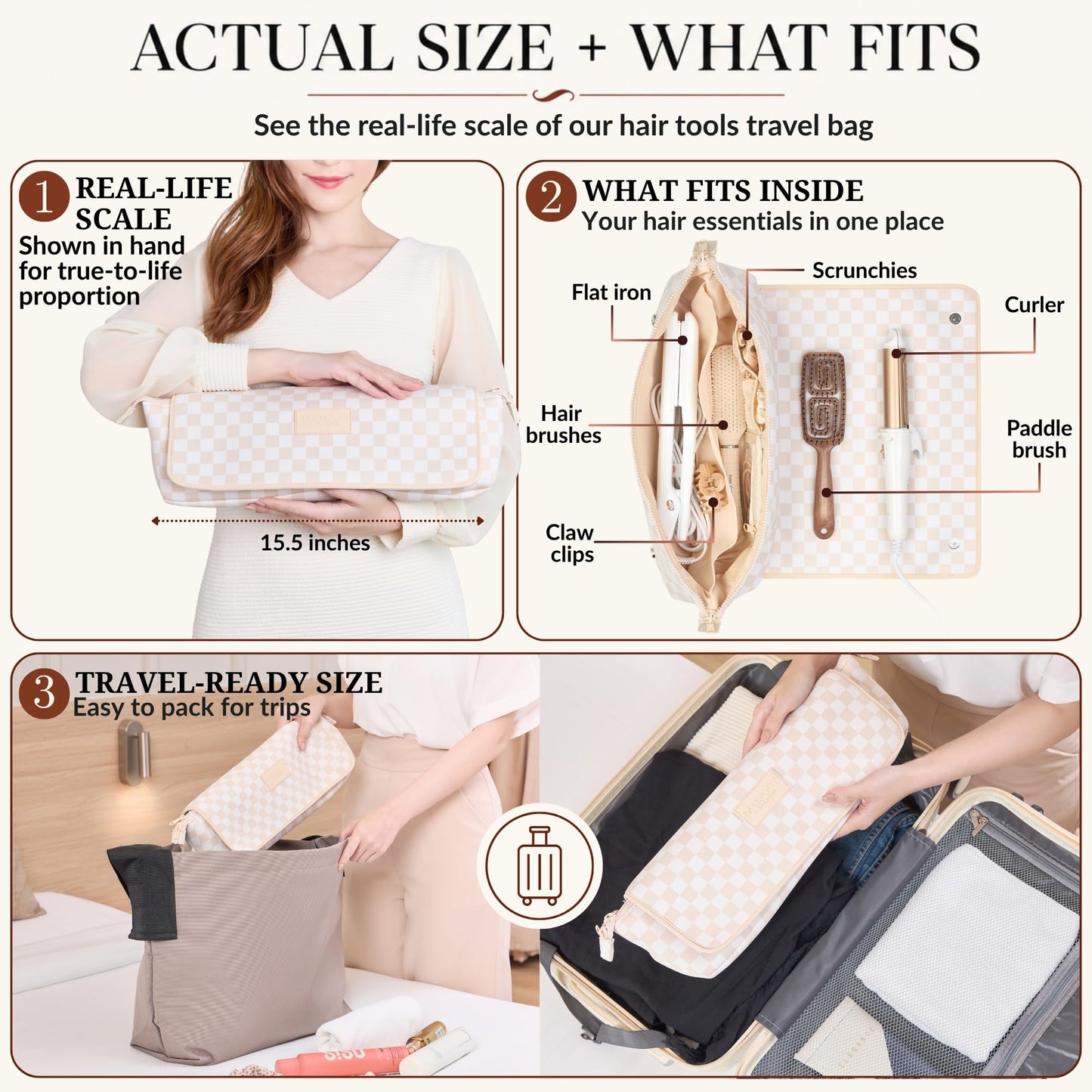 BAREFOOT CARIBOU Hair Tools Travel Bag and Heat Resistant Mat (15.5") for Flat Irons, Straighteners, Curling Iron,and Haircare Accessories, 2-in-1 design, Interior Pockets, Organizer (Checkered Peach)
