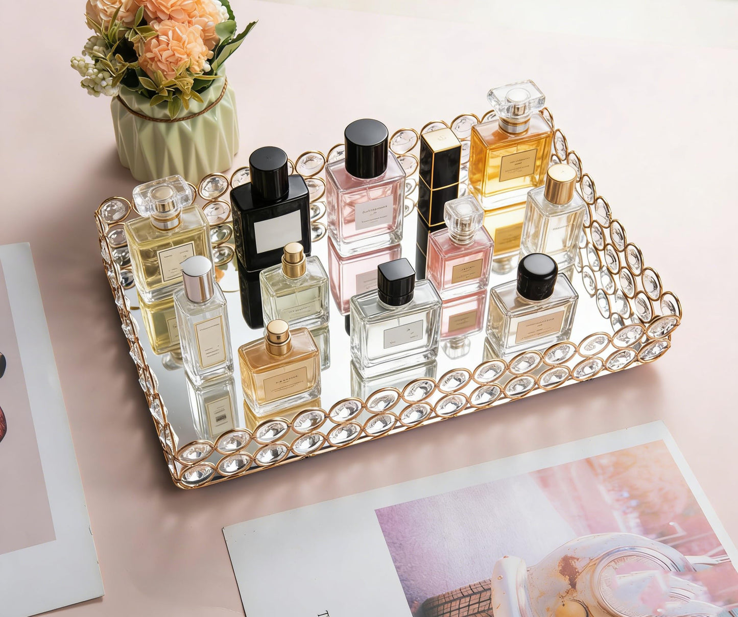 Feyarl Mirrored Crystal Vanity Makeup Tray Ornate Jewelry Trinket Organizer Cosmetic Perfume Bottle Decorative Tray Home Deco Dresser Skin Care Storage (Rectangle 12" x 8")