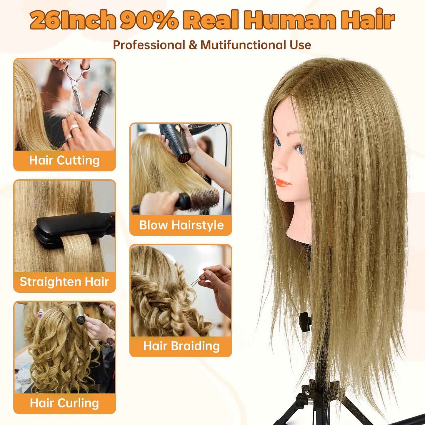 90% Real Hair Mannequin Head, Cenoz 26" Hairdresser Cosmetology Training Head with Stand and Tool, Manikin Training Practice Head, Doll Head for Hair Styling (Brown)