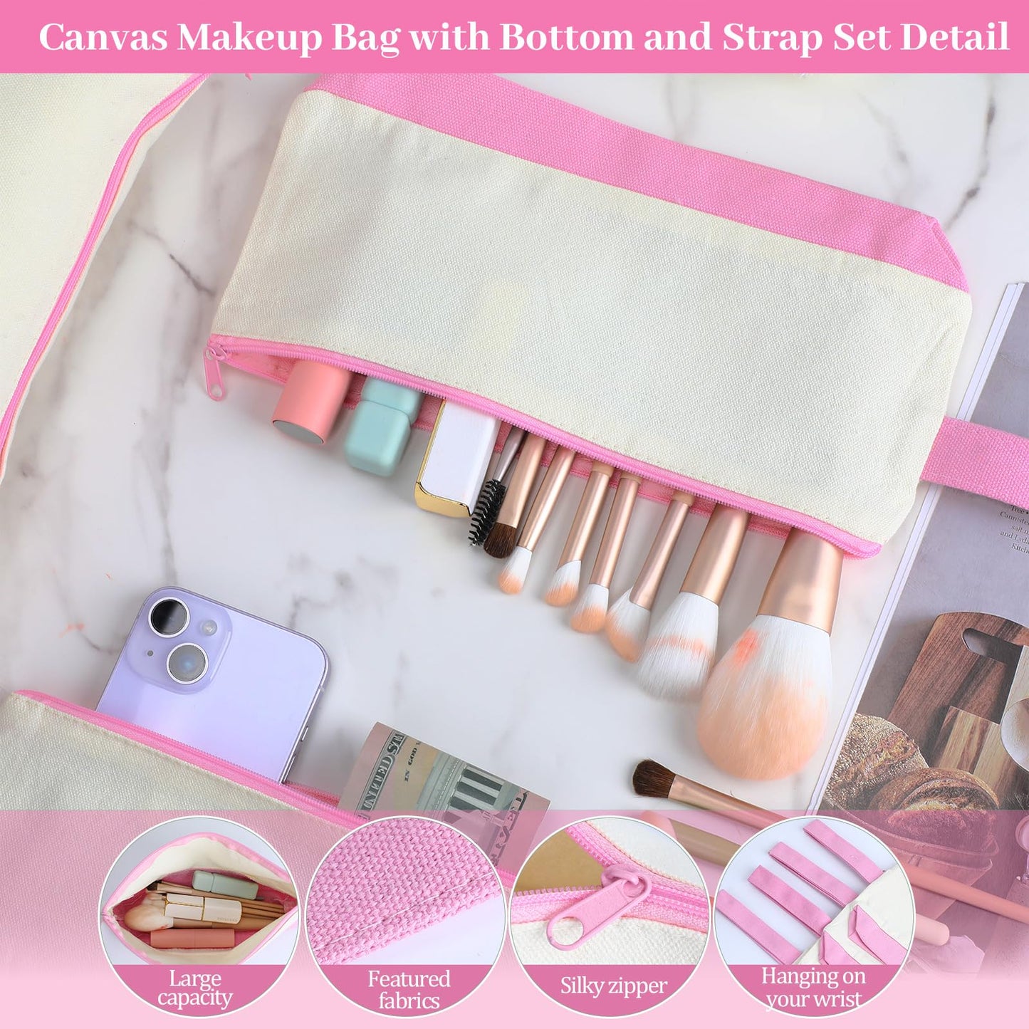 Silkfly 48 Pcs Cotton Canvas Makeup Bags Cosmetic Zipper Bags 10.2 x 5.5 x 2'' Blank DIY Pouch Bulk Pencil Case with Bottom Travel Toiletry Pouch for Women Craft Decor Gift (Beige and Pink)