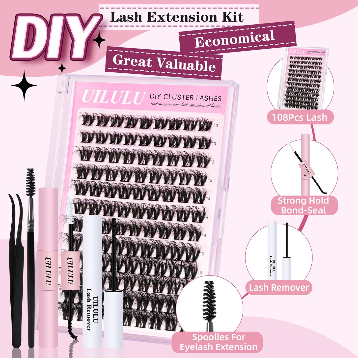 Uilulu Lash Clusters Kit for DIY Lash Extension at Home, False Eyelashes Set with Bond Seal, Lash Remover, Brush, Tweezers, D Curl Wispy Individual Clusters Eye Lash Extensions Kit (U10 Kit)