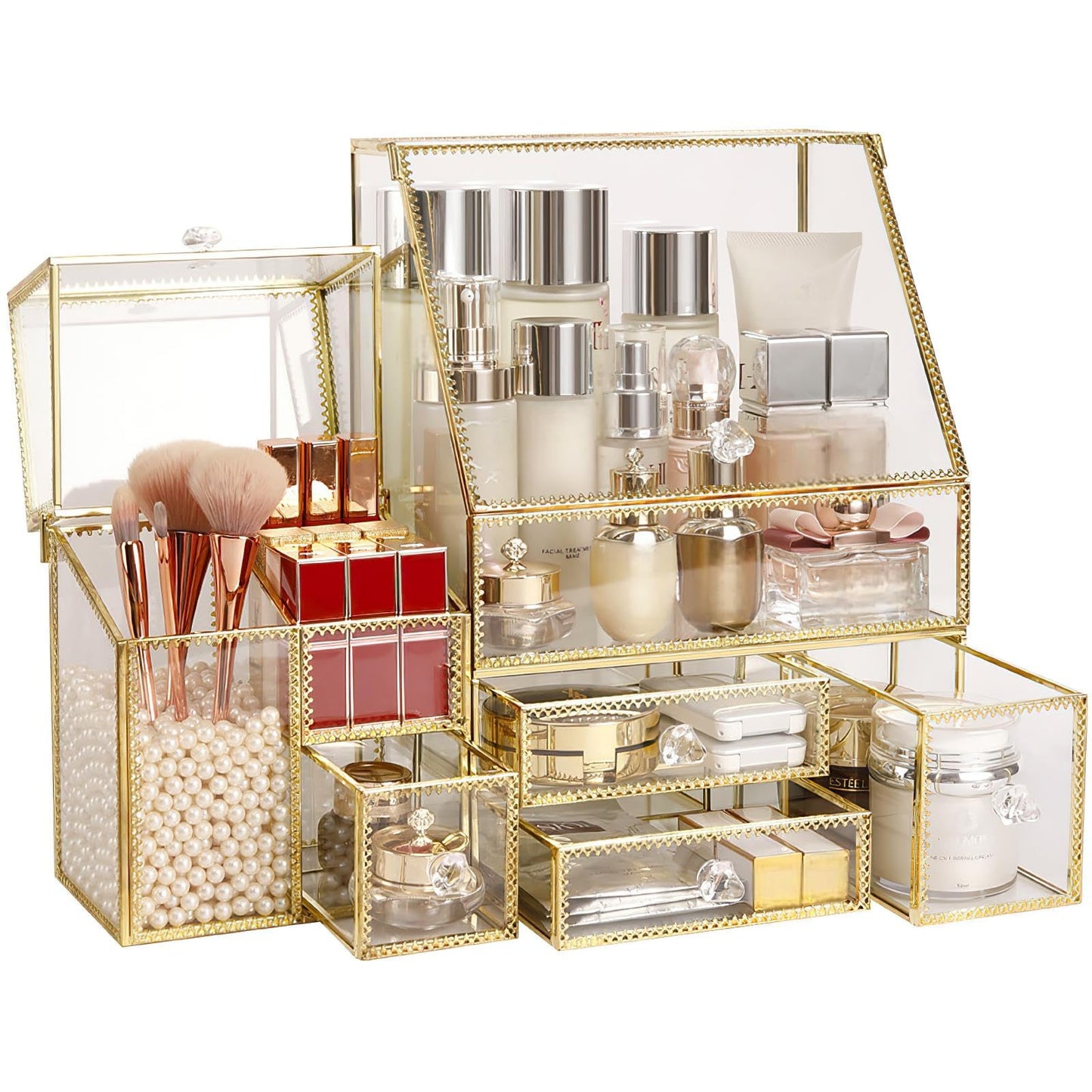 UShioart Large Glass Makeup Organizer Drawer Set Beauty Storage Bathroom Counter Organizer Cosmetic Display with Pearl (16in)