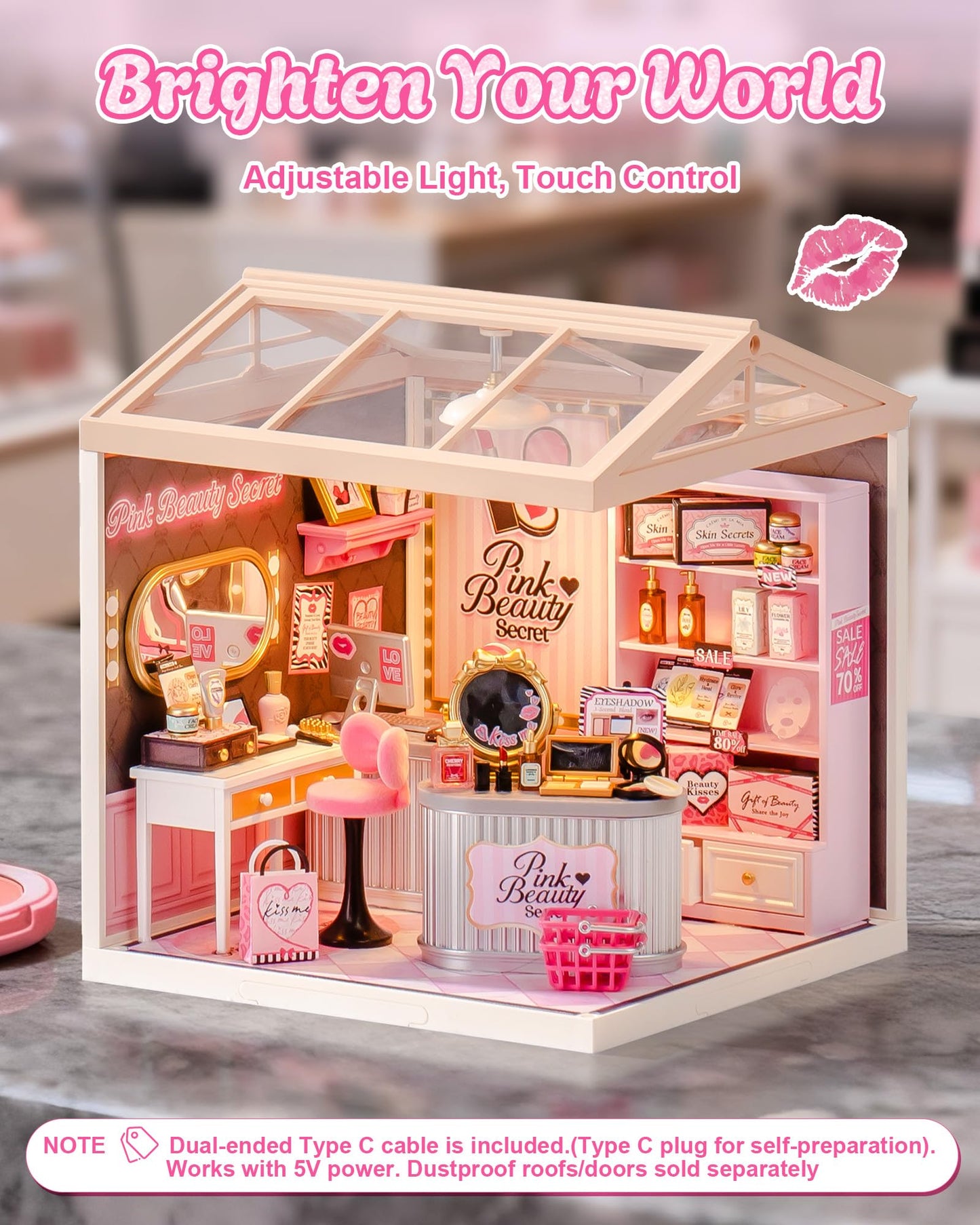 Rolife Super Creator Pink Beauty Secret DIY Miniature House Kit - No Glue Plastic Click-Assembly Dollhouse with Type-C LED Light - Stackable Room Box Toy for Adults and Teens (115 PCS)