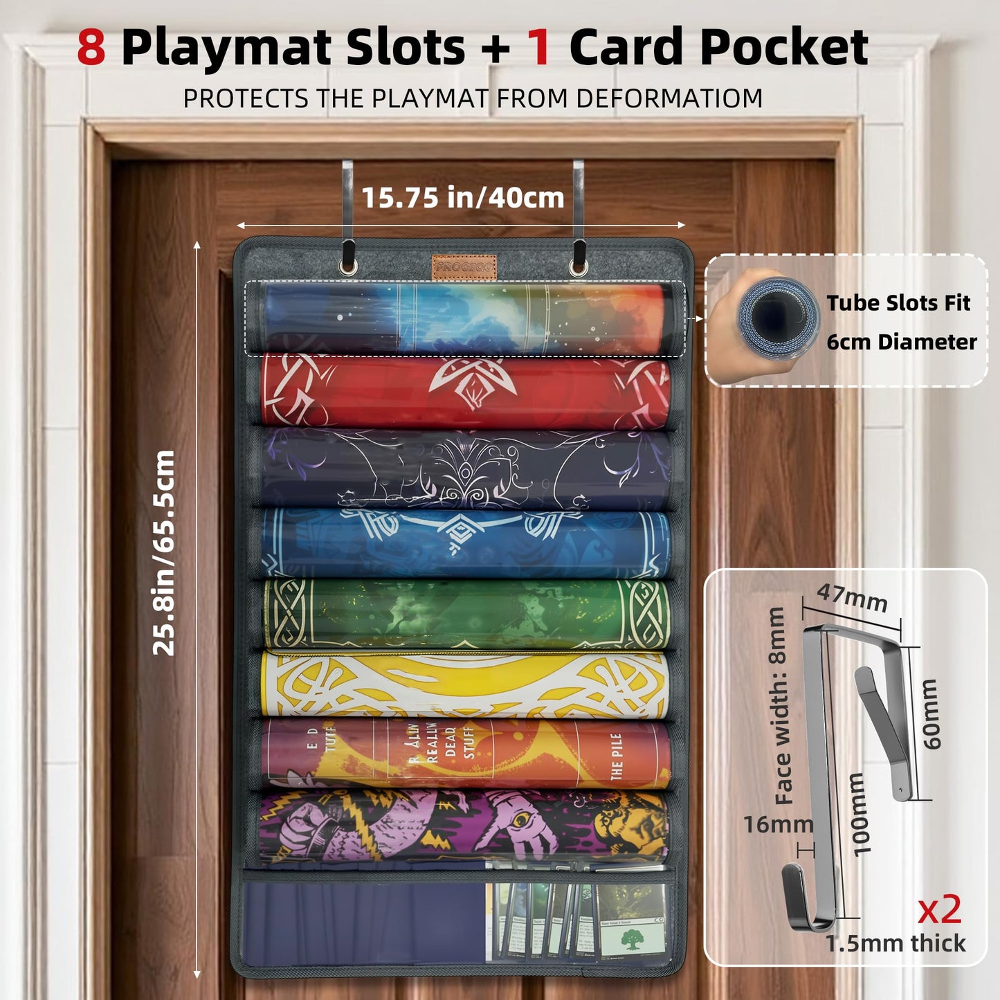 Playmat Tube Storage Bag for MTG, Hangable Game Mat Holder with 8 Tube Slots + 1 Card Pocket, Transparent PET Display, TCG Playmat Organizer with Hooks & Strap, Fits 6cm Play Mat Cases (1 Pack-Gray)