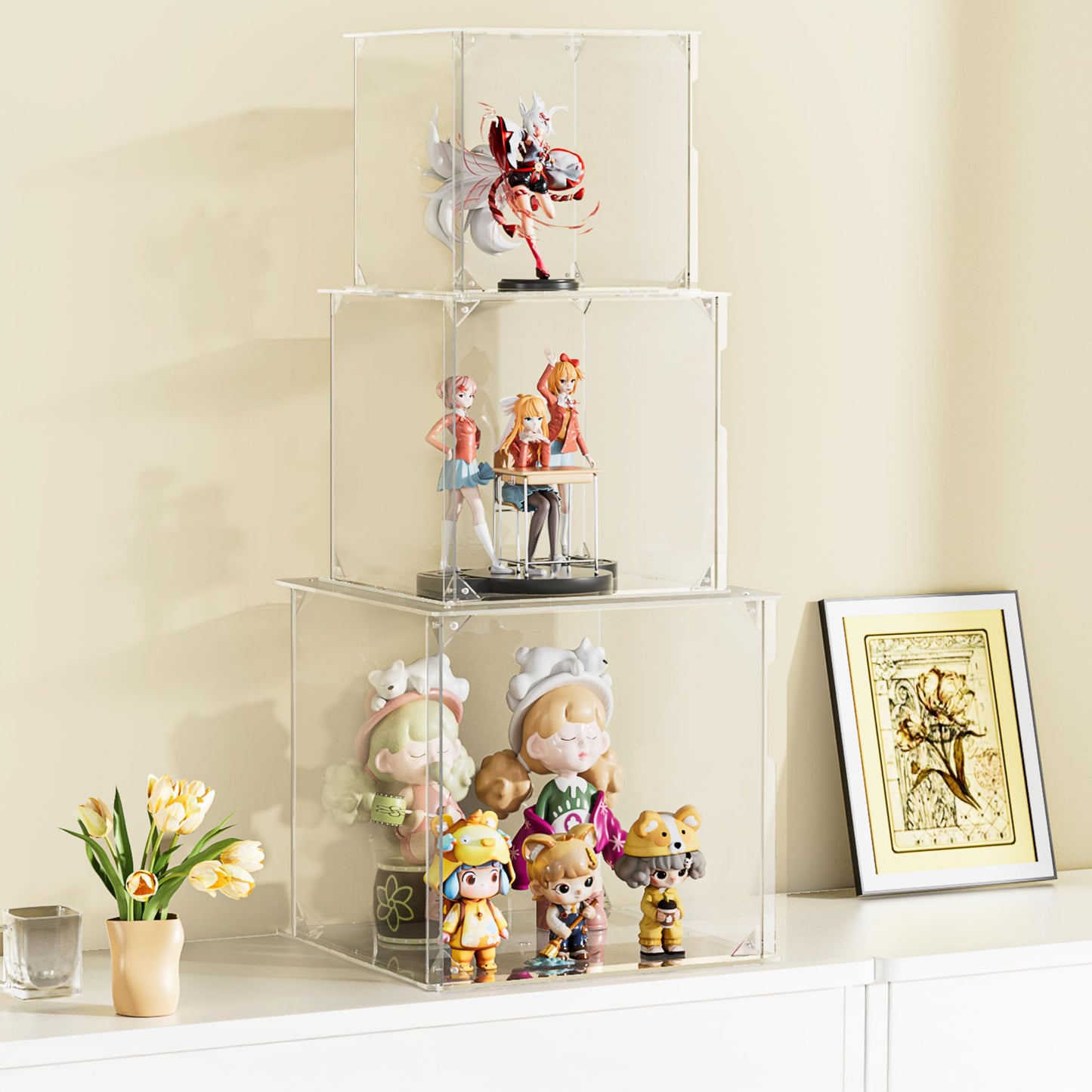 Clear Acrylic Display Case for Figures, 3 Tier Stackable Storage Bins with Magnetic Door,Acrylic Boxes for Display, Clear Storage Box for Collectibles Cosmetic Perfume Organizer，Home Or Office