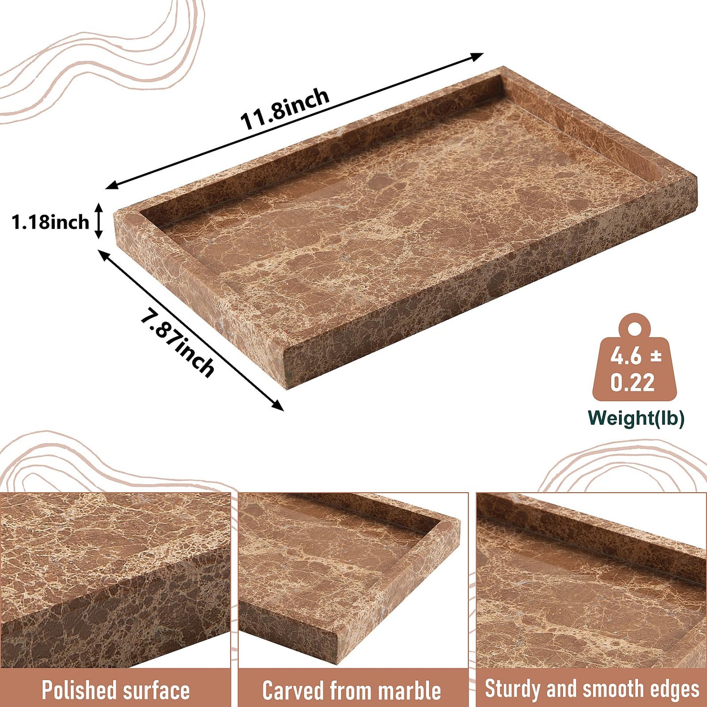 Marble Bathroom Tray,Pure Natural Vanity Tray,Marble Tray for Kitchen Counter Non-Ceramic/Non-Resin,Stone Trays 12 x 8 inch （Dark Brown）