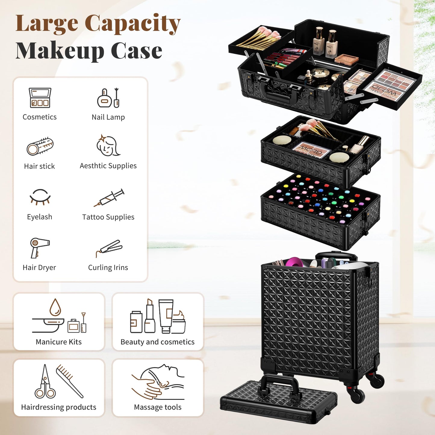 AROUS 5 in 1 Rolling Makeup Train Case Cosmetology Case on Wheels Large Cosmetic Organizer Travel Cart for Hairstylist Artist Nail Beauty Salon Barber, Black