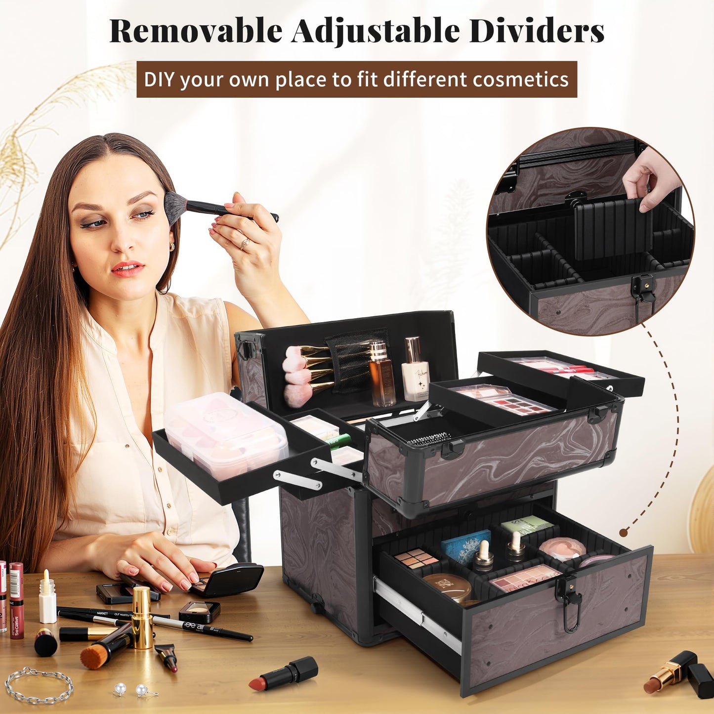 AROUS Rolling Makeup Case with 3 Drawers, Cosmetology Case on Wheels 5 IN 1 Makeup Train Case Make Up Organizer for Artist Salon Nail Teach Trunk,Ink Brown