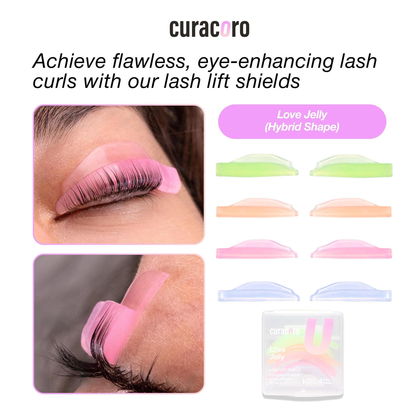 Curacoro Lash Lift Shields, 8 Pcs/4 Sizes Eyelash Perm Pad, Lash Rods for Eyelash Curling and Lifting, Reusable Silicone Tools for Perm Lamination