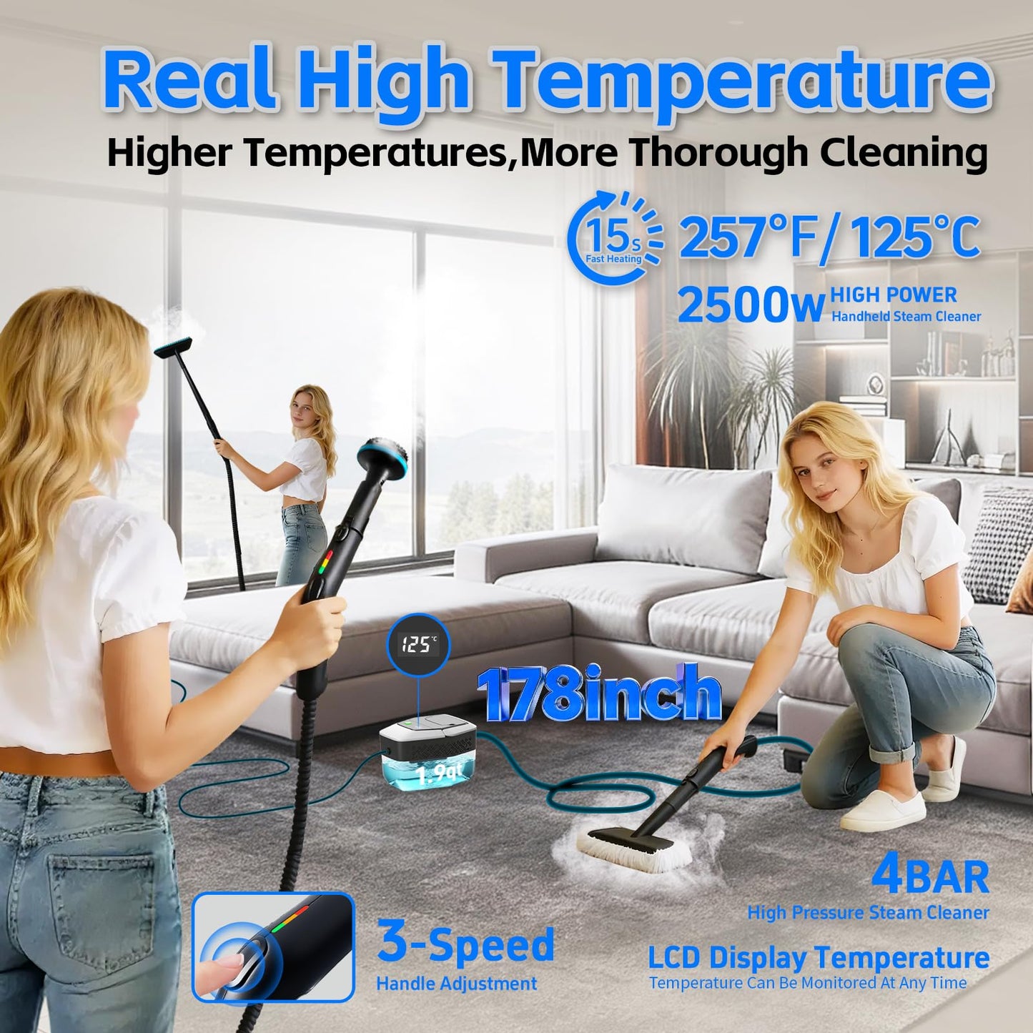 opbodqo Steam Cleaner for Home(True High Temperature257℉),3-Levels Adjustable Hand held Steamer for Cleaning,1.9 Quart Steam Cleaner for Car,2500W Handheld Steam Cleaner Grease,Dirt,Tile Furniture