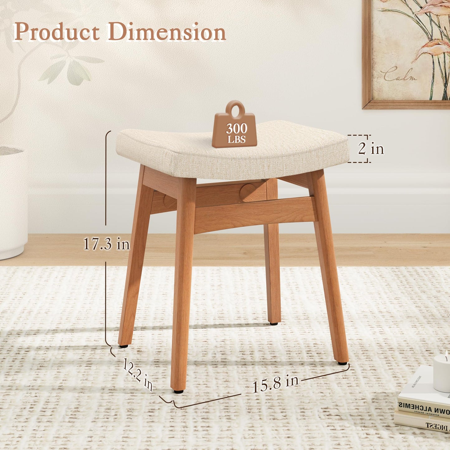 LUE BONA Solid Wood Vanity Bench Stool, 17.3" H Ergonomic Saddle Stool, 2'' Sick Upholstered Vanity Chair for Makeup Room, Bedroom & Bathroom, 300lbs, Linen