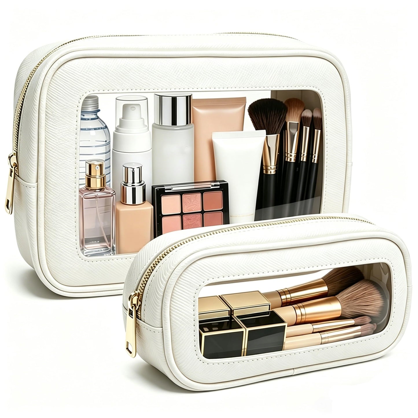 FFpaw 2Pcs Clear Makeup Bags Set - Portable Clear Cosmetic Bag Case Travel Makeup Brush Bag Waterproof Makeup Pouch TSA Approved Toiletry Bag Car Organizer Bag for Women (White Set)