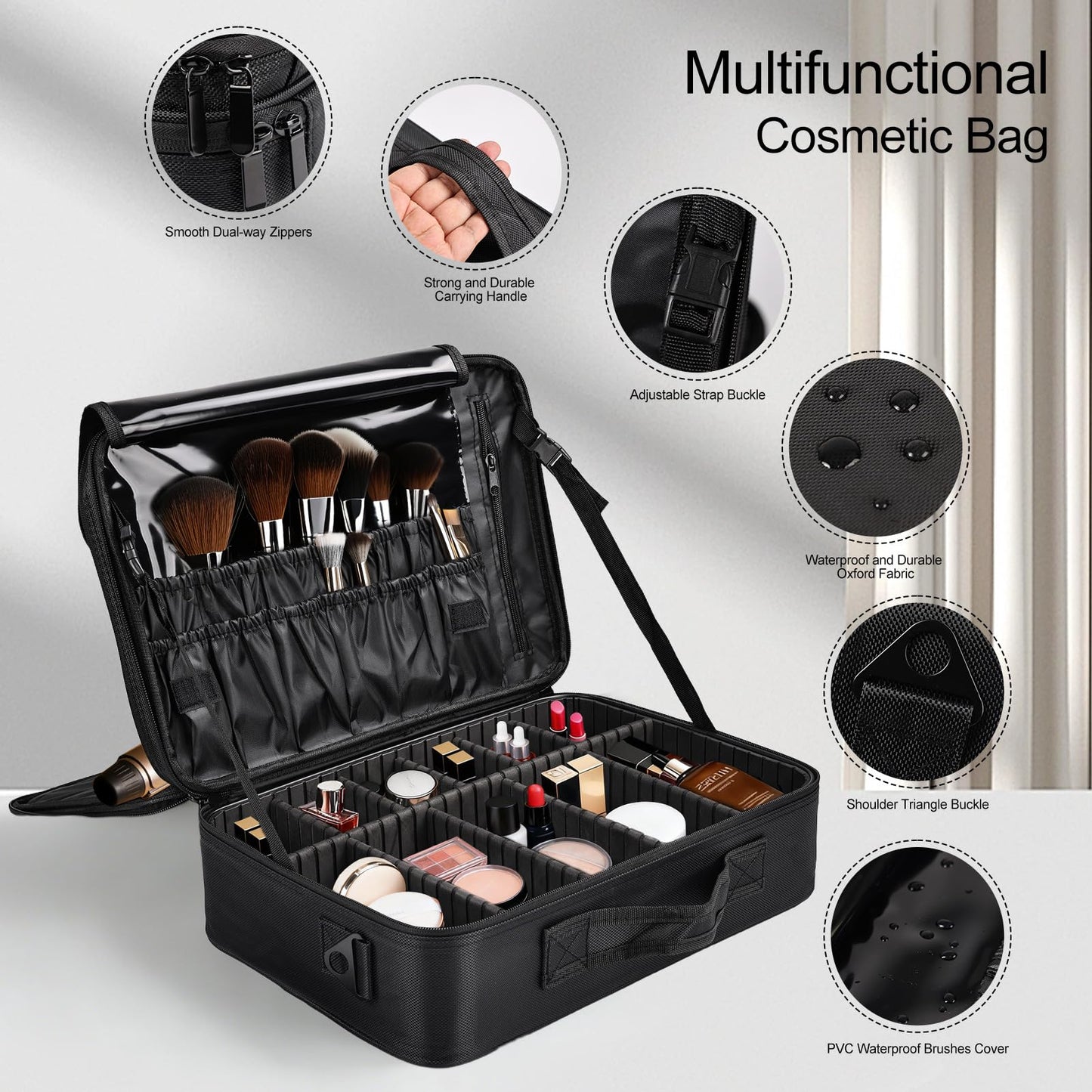 Professional Makeup Train Case with Brush Holder, Large Makeup Travel Bag Organizer, Portable Cosmetic Carry Case 3 Layer Makeup Artist Storage Box with Adjustable Dividers and Shoulder Strap, Black